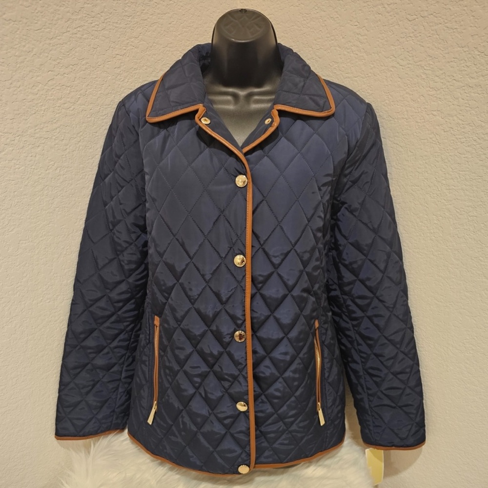 Black Quilted Michael Kors Women's Jacket with Brown Trim